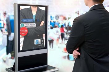 Man stands in front of digital signage, looking at a picture of another man in a suit with his arms crossed.